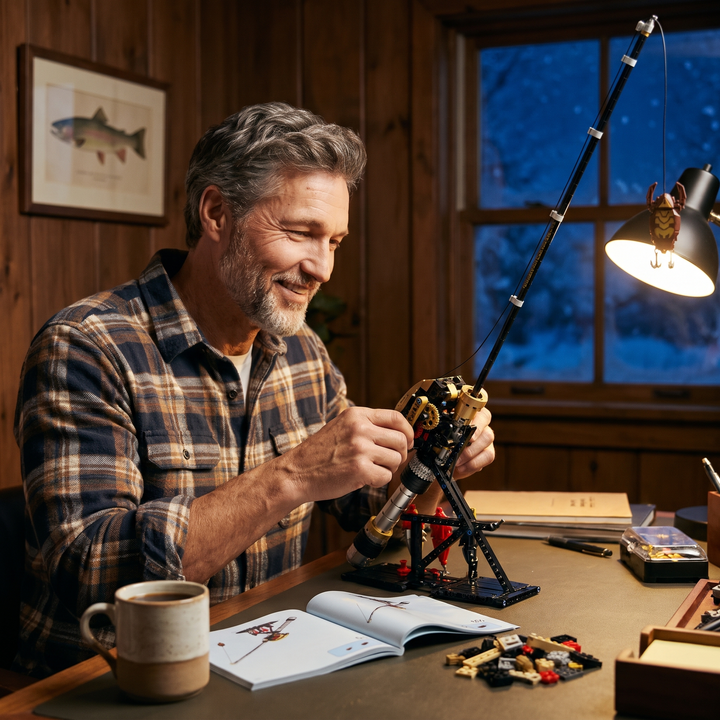 Man turning the crank of the finished fishing rod building kit at his desk