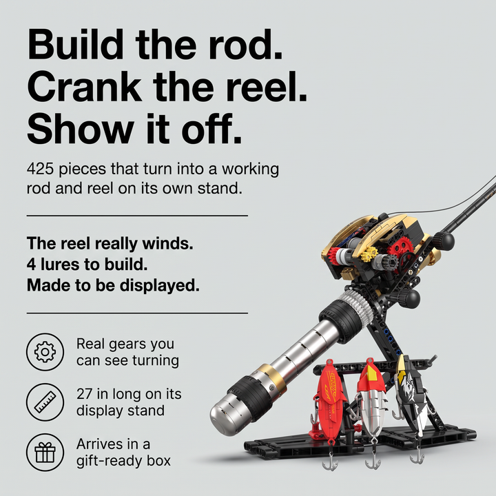 Fishing rod building kit infographic: build the rod, crank the reel, show it off