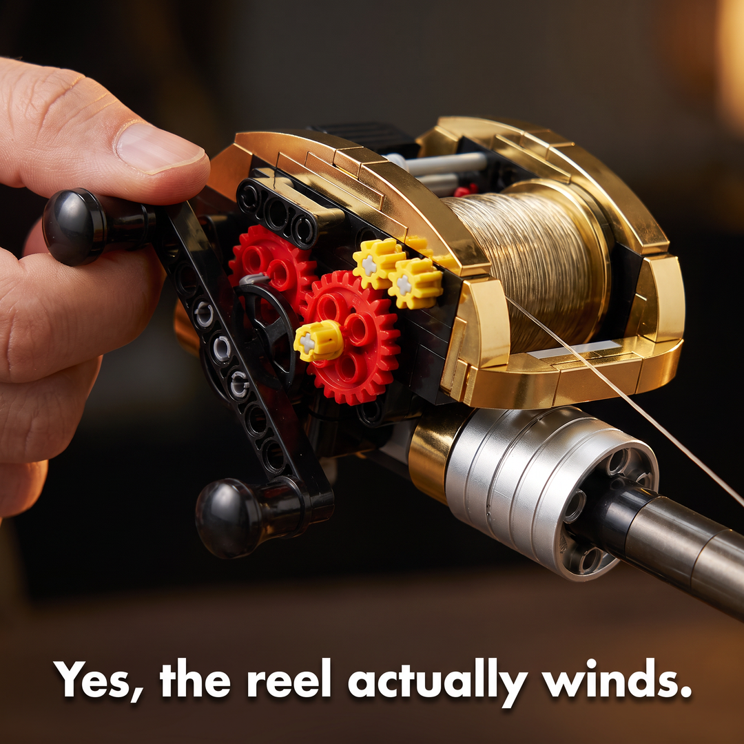 Close-up of the working reel of the fishing rod building kit being cranked