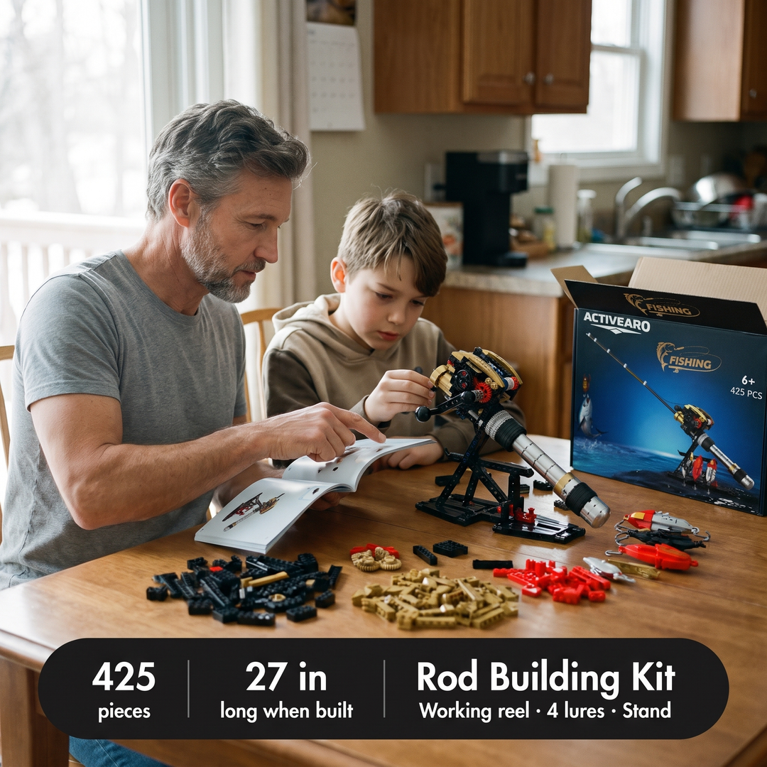 Father and son building the fishing rod building kit at the kitchen table