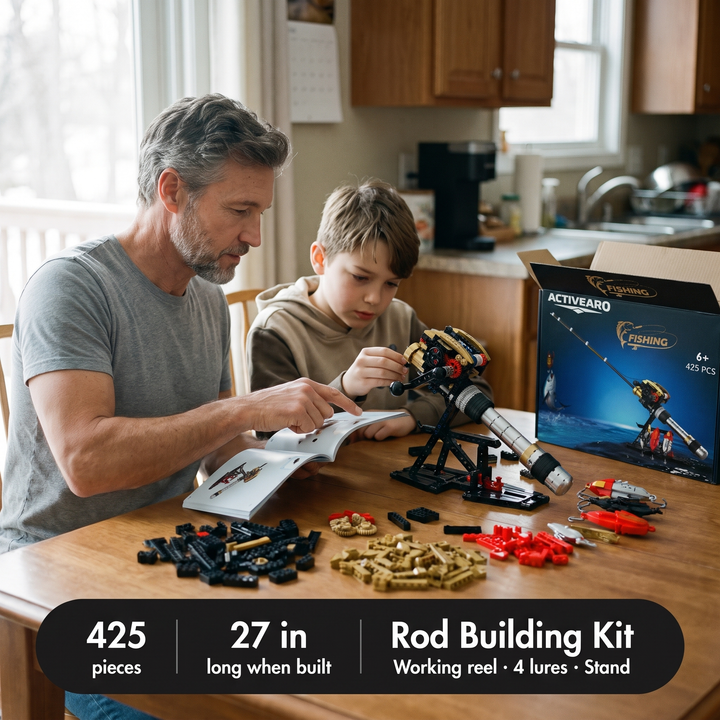 Father and son building the fishing rod building kit at the kitchen table