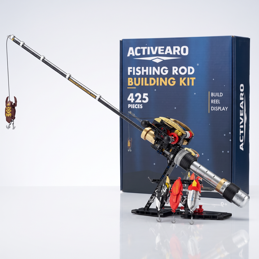Fishing rod building kit with working reel next to its Activearo box