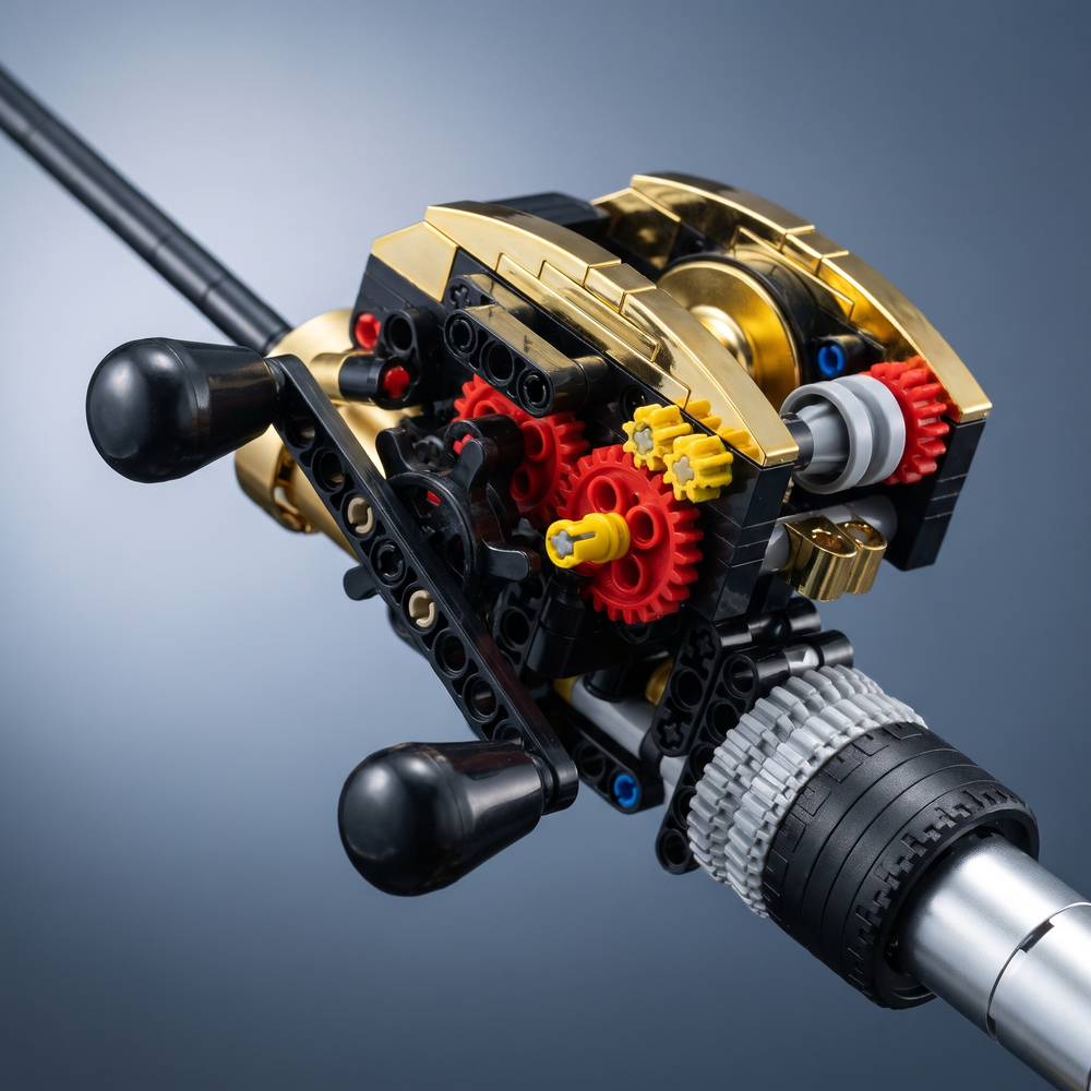 Close-up of the gears of the reel on the fishing rod building kit