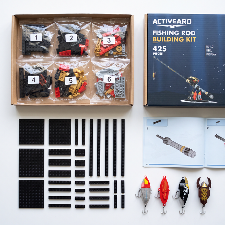 What is in the box of the fishing rod building kit: numbered bags, bricks, instructions and lures