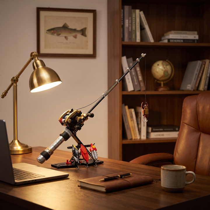 Finished fishing rod building kit on display on a wooden office desk