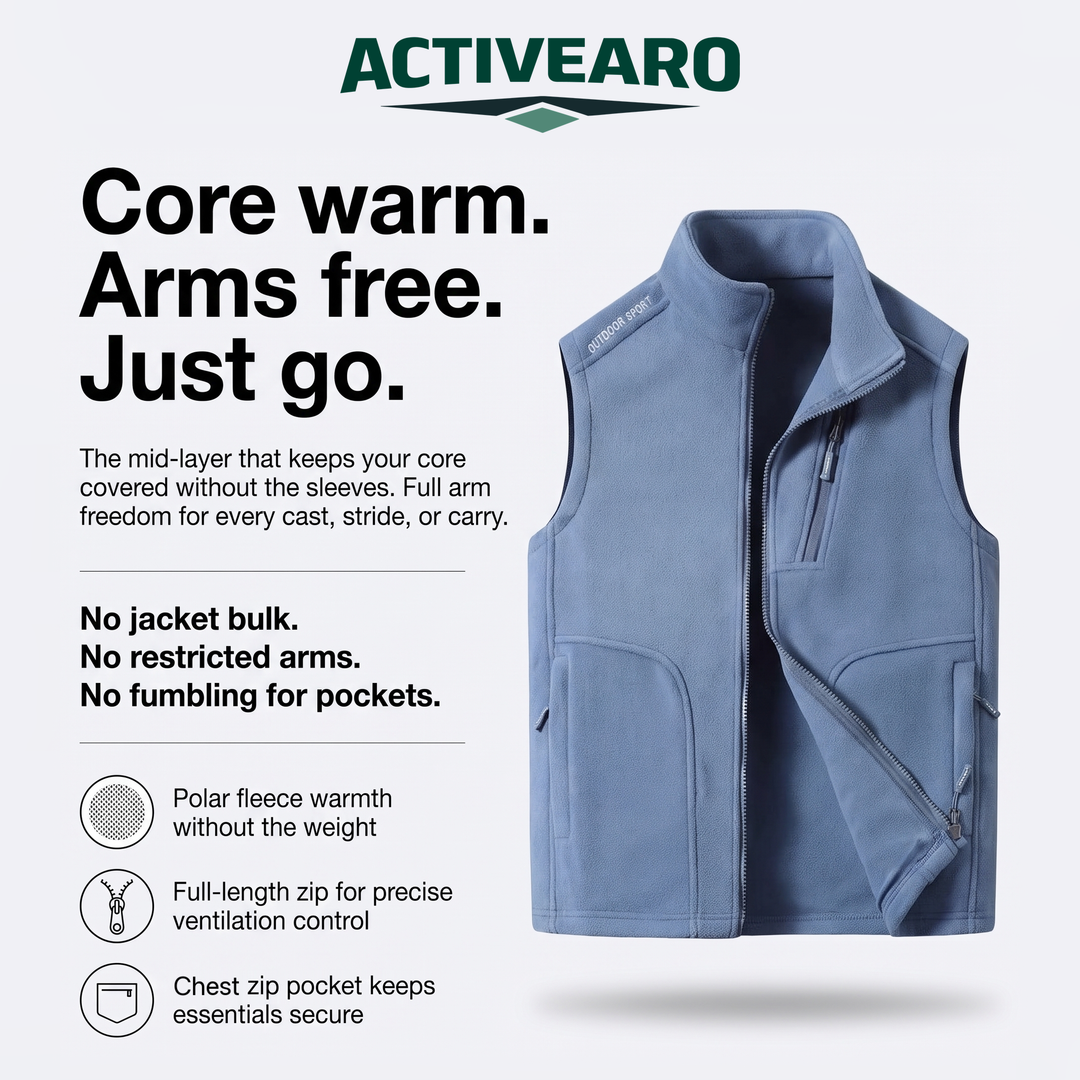 Fleece vest features: polar fleece warmth, full-length zip, chest zip pocket
