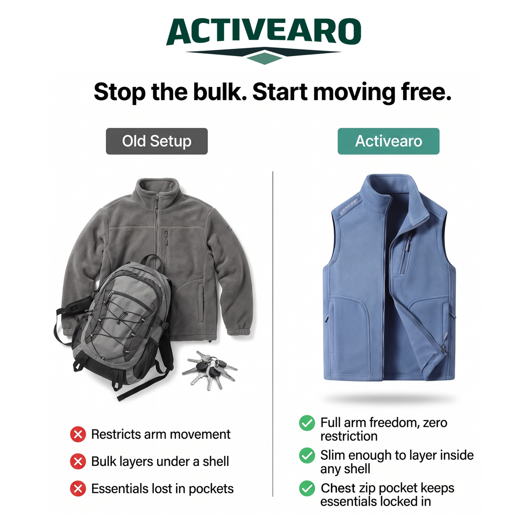 Fleece vest compared with a bulky jacket and backpack setup