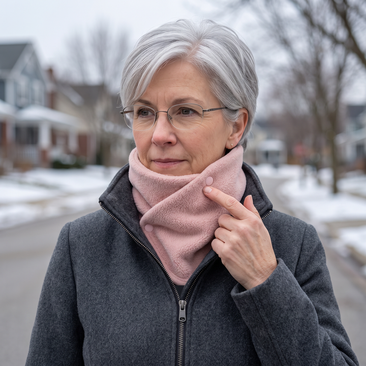 Woman closing the snap of the Blush Pink fleece neck warmer, hair and glasses untouched