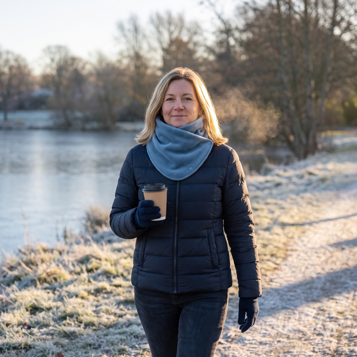 Woman wearing the Steel Blue fleece neck warmer on a frosty morning walk