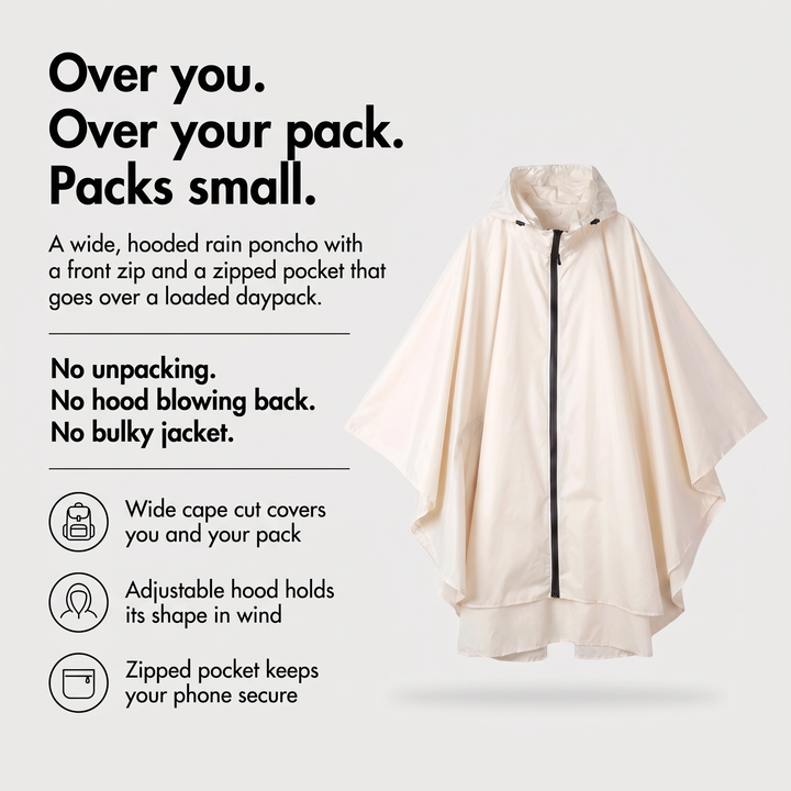 Women's rain poncho benefits: fits over a daypack, adjustable hood, zipped pocket