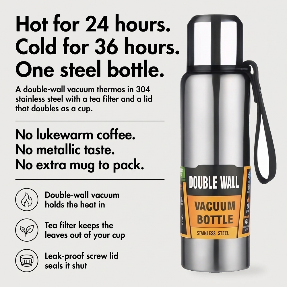 Stainless steel thermos keeps drinks hot for 24 hours and cold for 36 hours