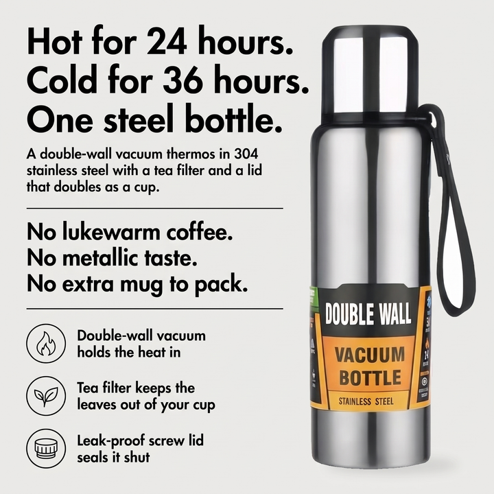 Stainless steel thermos keeps drinks hot for 24 hours and cold for 36 hours