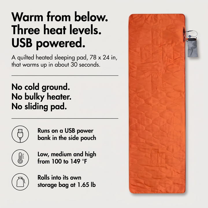 Heated sleeping pad benefits: three heat levels, USB powered, warms up in about 30 seconds