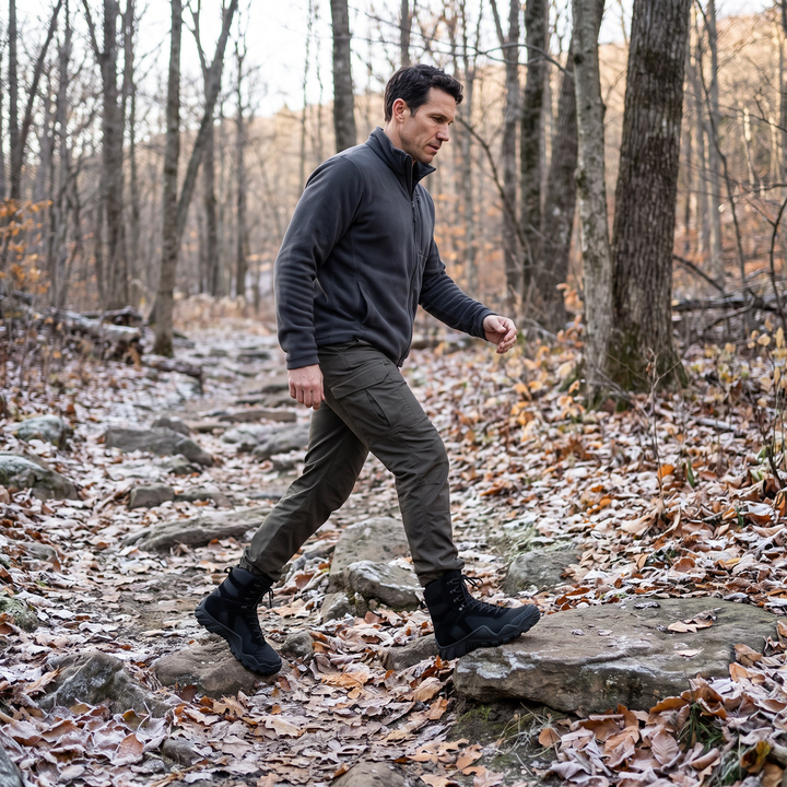 Man walking a rocky forest trail in black 6 inch tactical boots