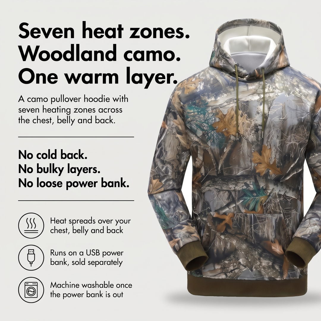 Camo heated hoodie benefits: seven heating zones across the chest, belly and back