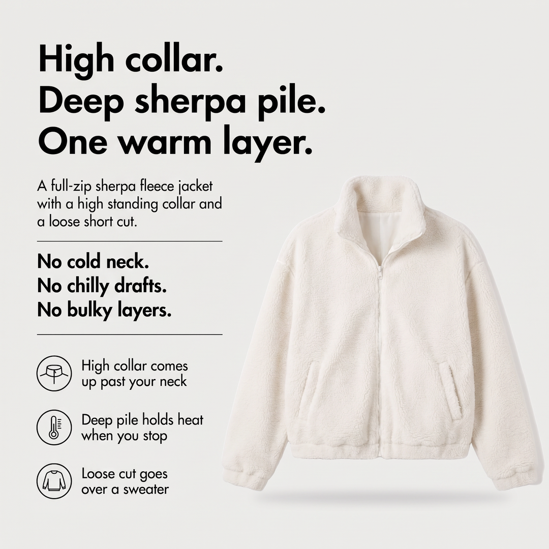 Women's sherpa fleece jacket benefits - high collar, deep sherpa pile and loose short cut