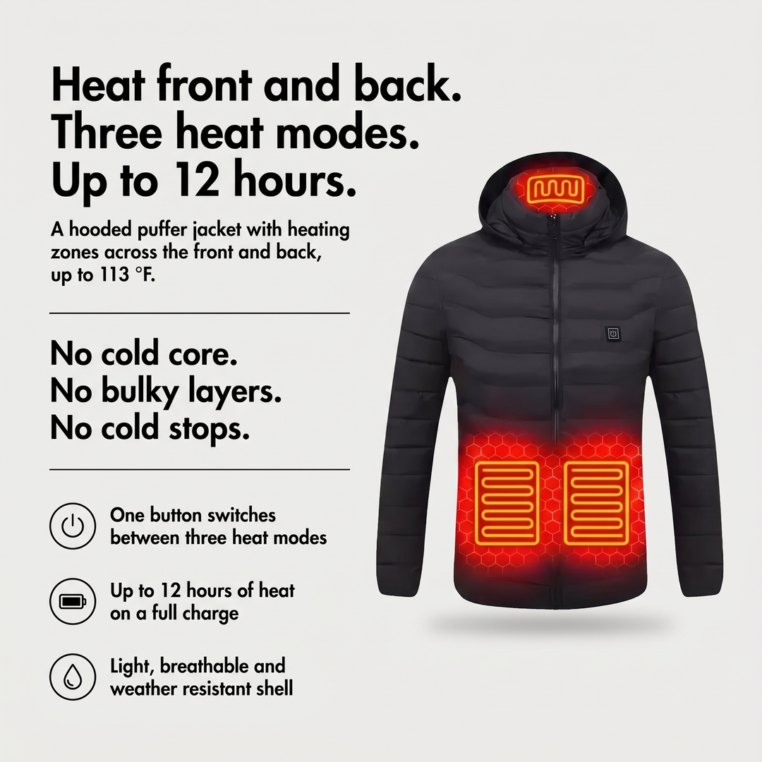 Heated coat benefits: front and back heating, three heat modes, up to 12 hours