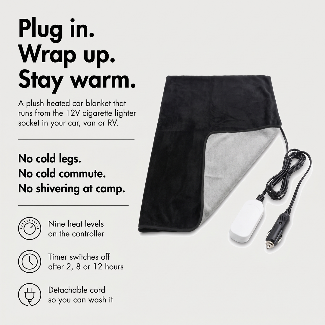 Heated car blanket benefits: 12V plug, nine heat levels, 2, 8 or 12 hour timer
