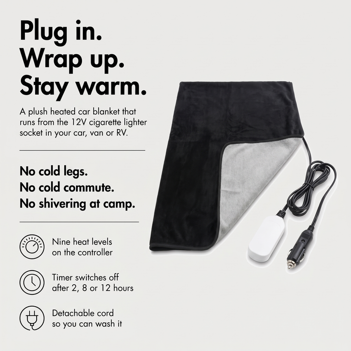 Heated car blanket benefits: 12V plug, nine heat levels, 2, 8 or 12 hour timer