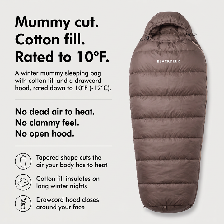 10°F mummy sleeping bag with cotton fill and drawcord hood