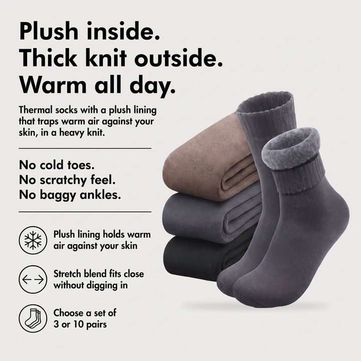 Thermal socks with plush lining and thick knit keep feet warm all day