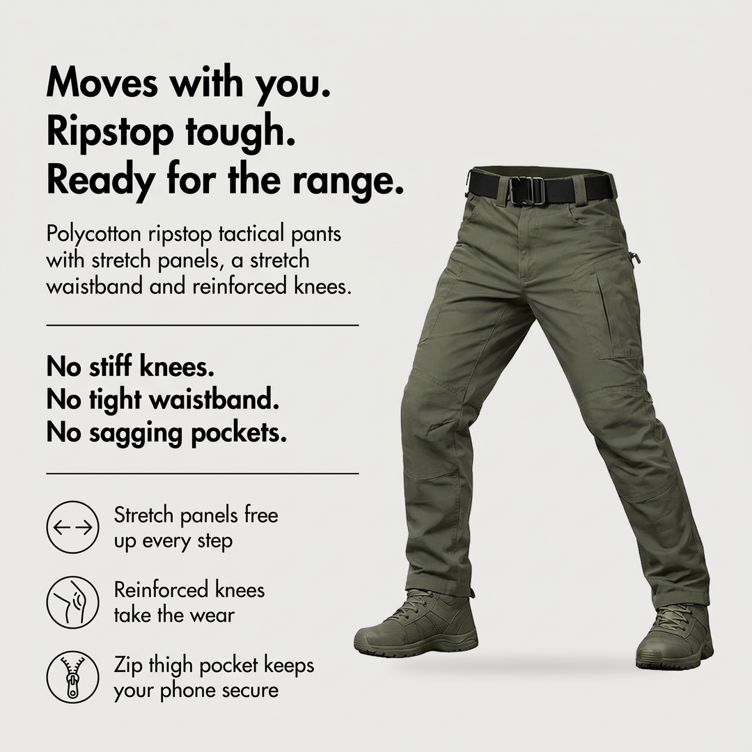 Stretch tactical pants benefits: stretch panels, reinforced knees, zip thigh pocket