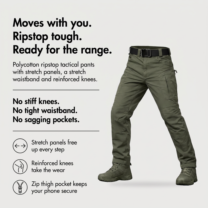 Stretch tactical pants benefits: stretch panels, reinforced knees, zip thigh pocket