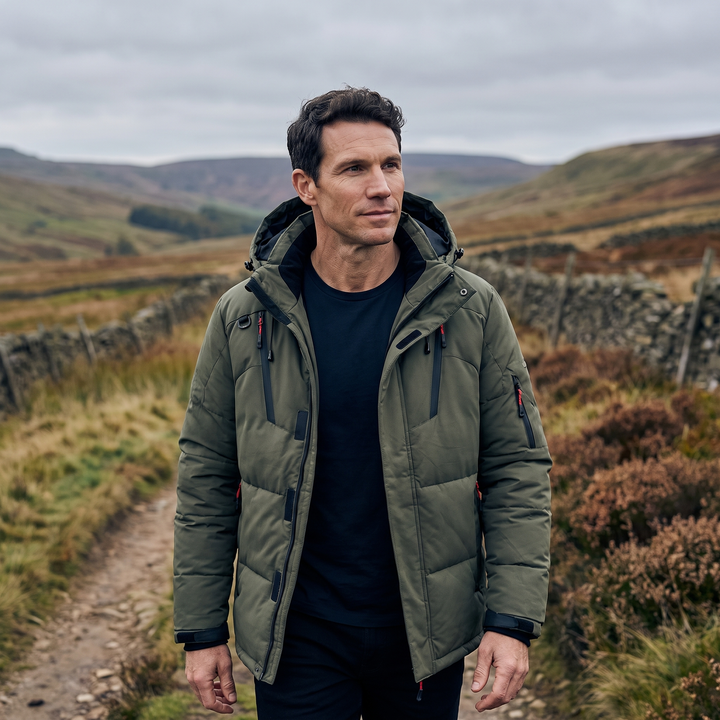Men's Puffer Jacket in Green - outdoor lifestyle shot