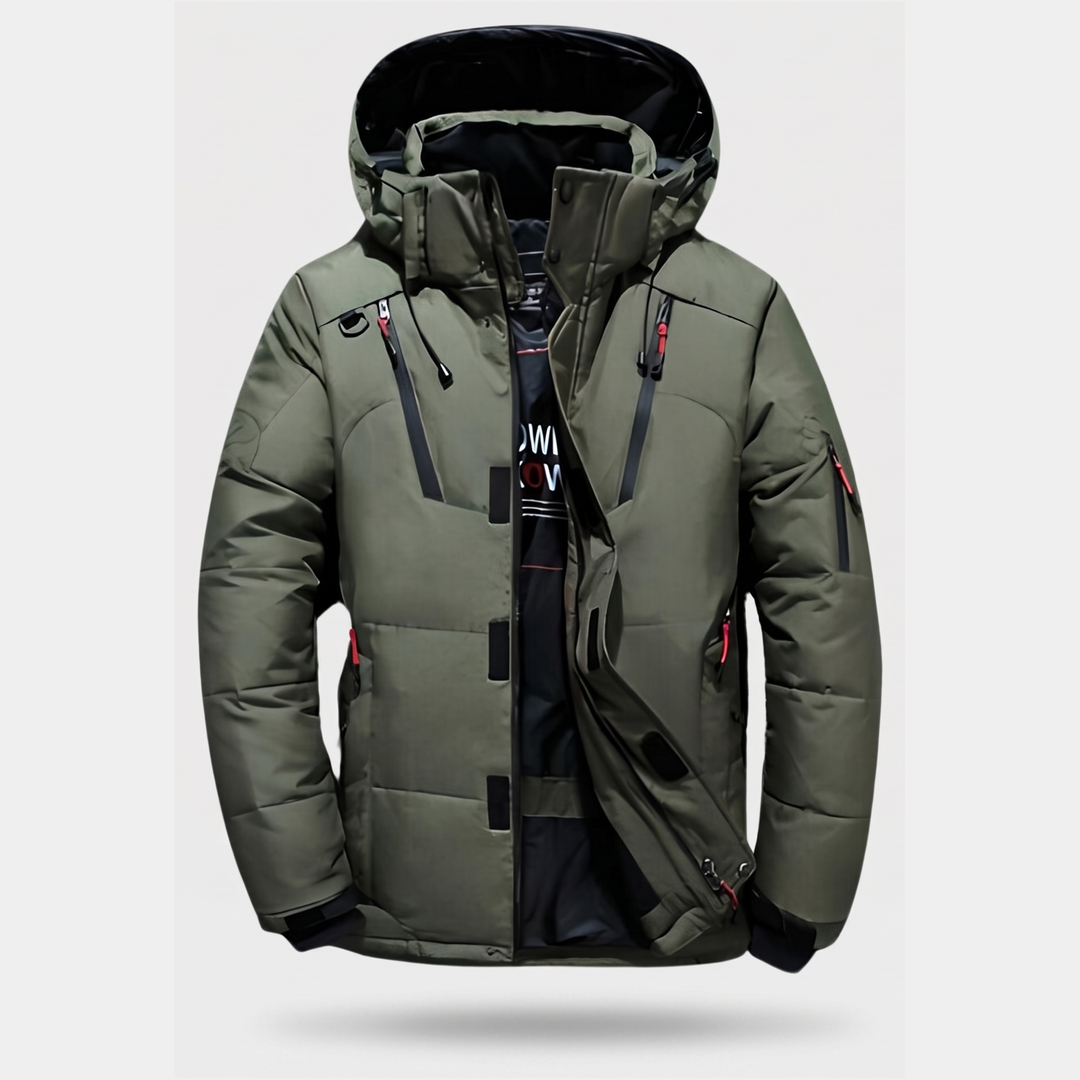 Men's Puffer Jacket in Green - front view, 7-pocket hooded winter jacket