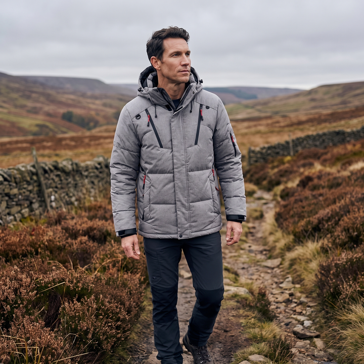 Men's Puffer Jacket in Grey - outdoor lifestyle shot