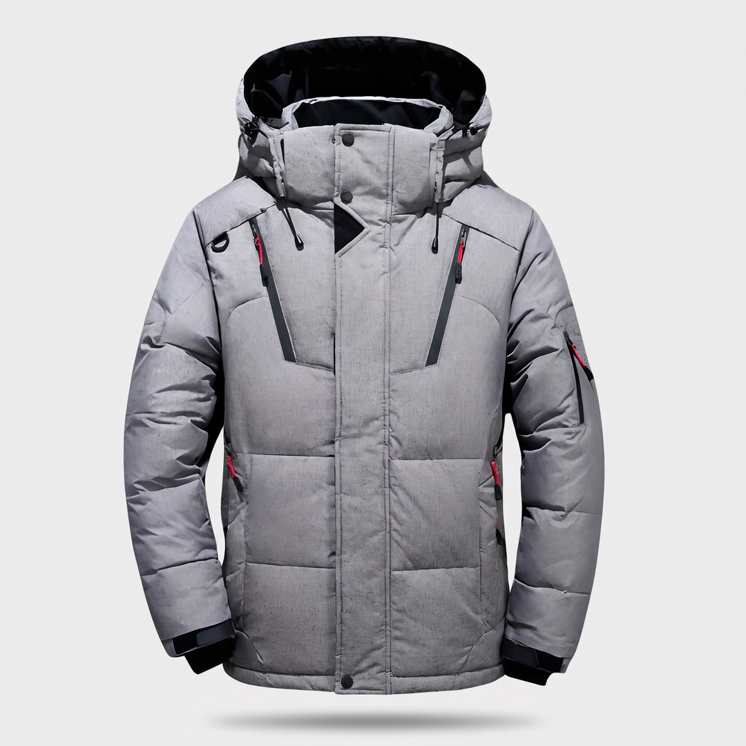 Men's Puffer Jacket in Grey - front view, 7-pocket hooded winter jacket