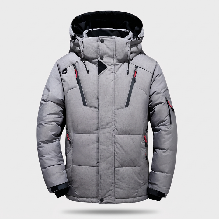 Men's Puffer Jacket in Grey - front view, 7-pocket hooded winter jacket