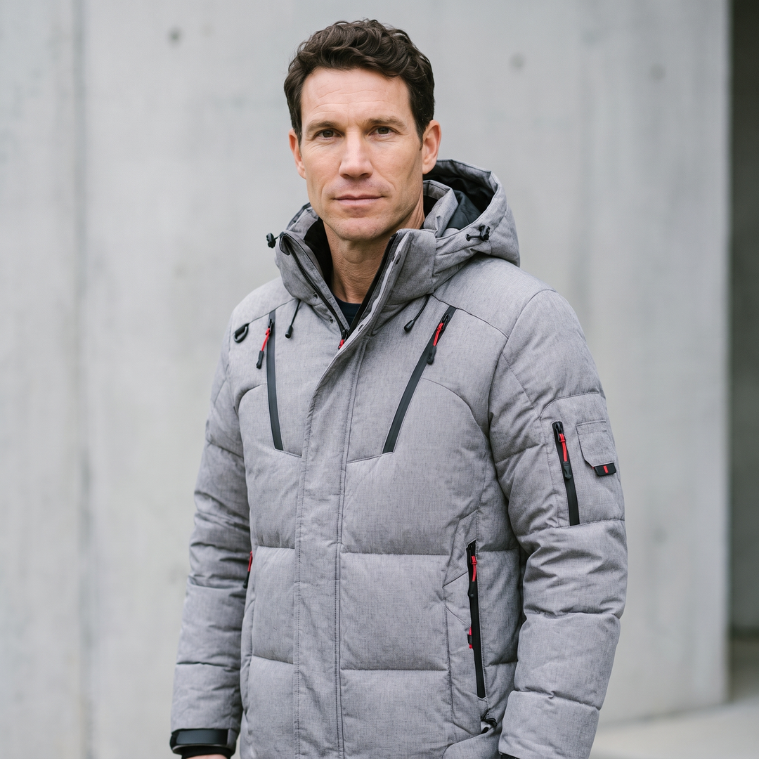 Men's Puffer Jacket in Grey - studio product shot