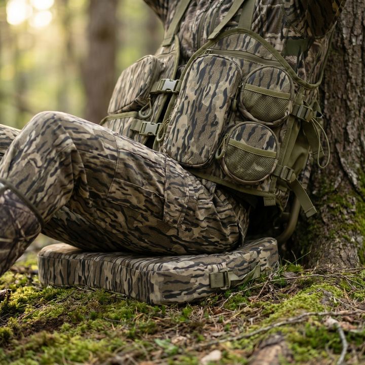 Turkey Vest with Seat Cushion – Memory Foam Seat, Pouch & Multi-Pocket Camo Gear