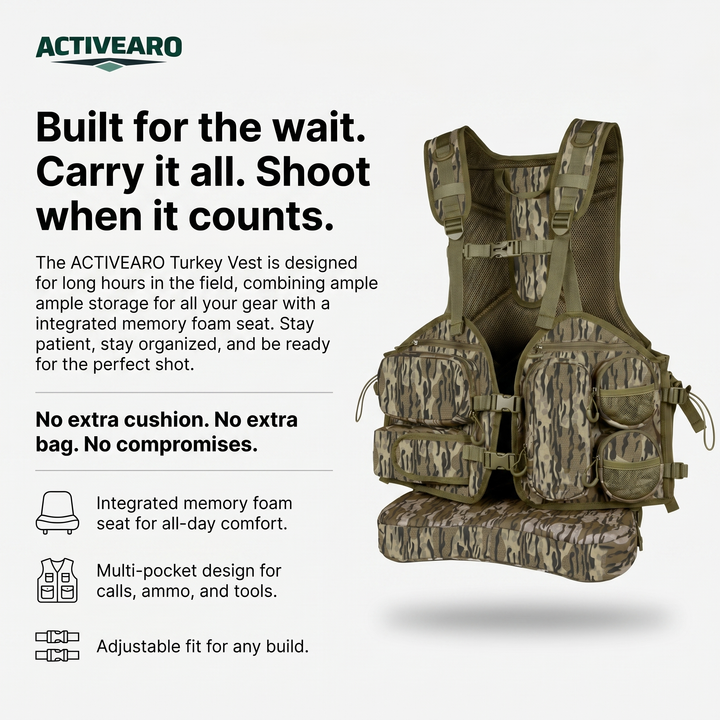Turkey Vest with Seat Cushion – Memory Foam Seat, Pouch & Multi-Pocket Camo Gear
