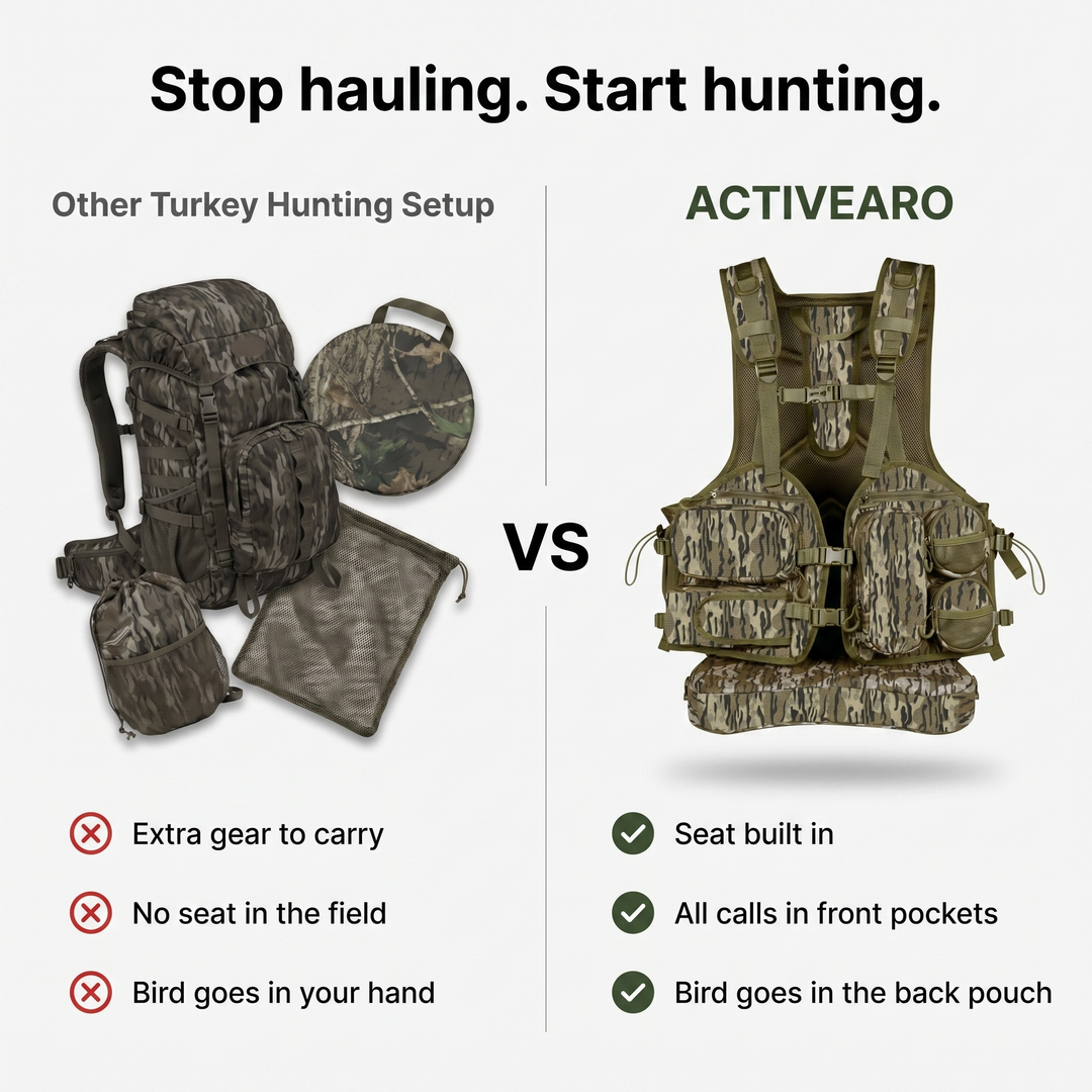 Turkey Vest with Seat Cushion – Memory Foam Seat, Pouch & Multi-Pocket Camo Gear
