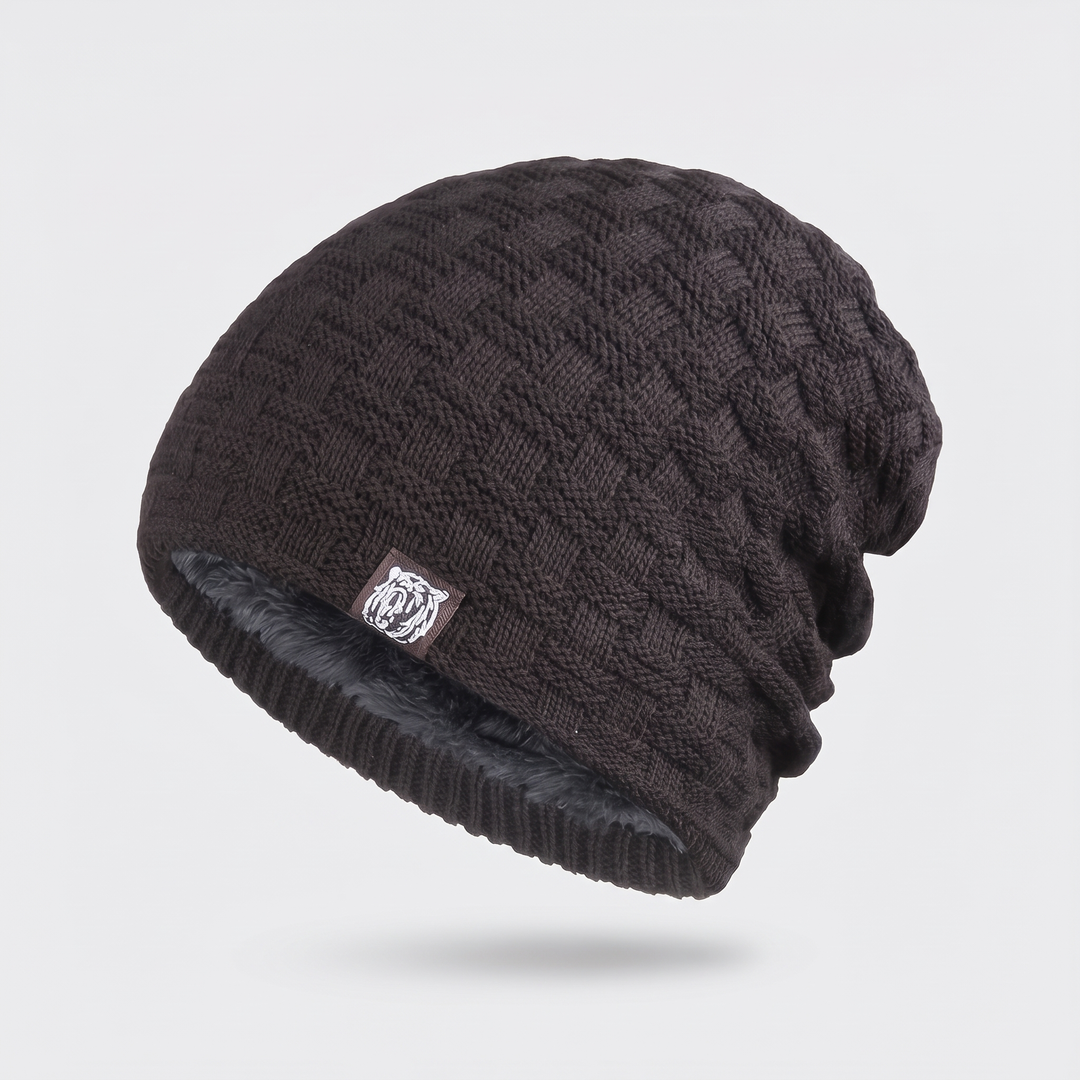 Men's fleece lined slouchy beanie in Black, basketweave knit with woven tiger patch