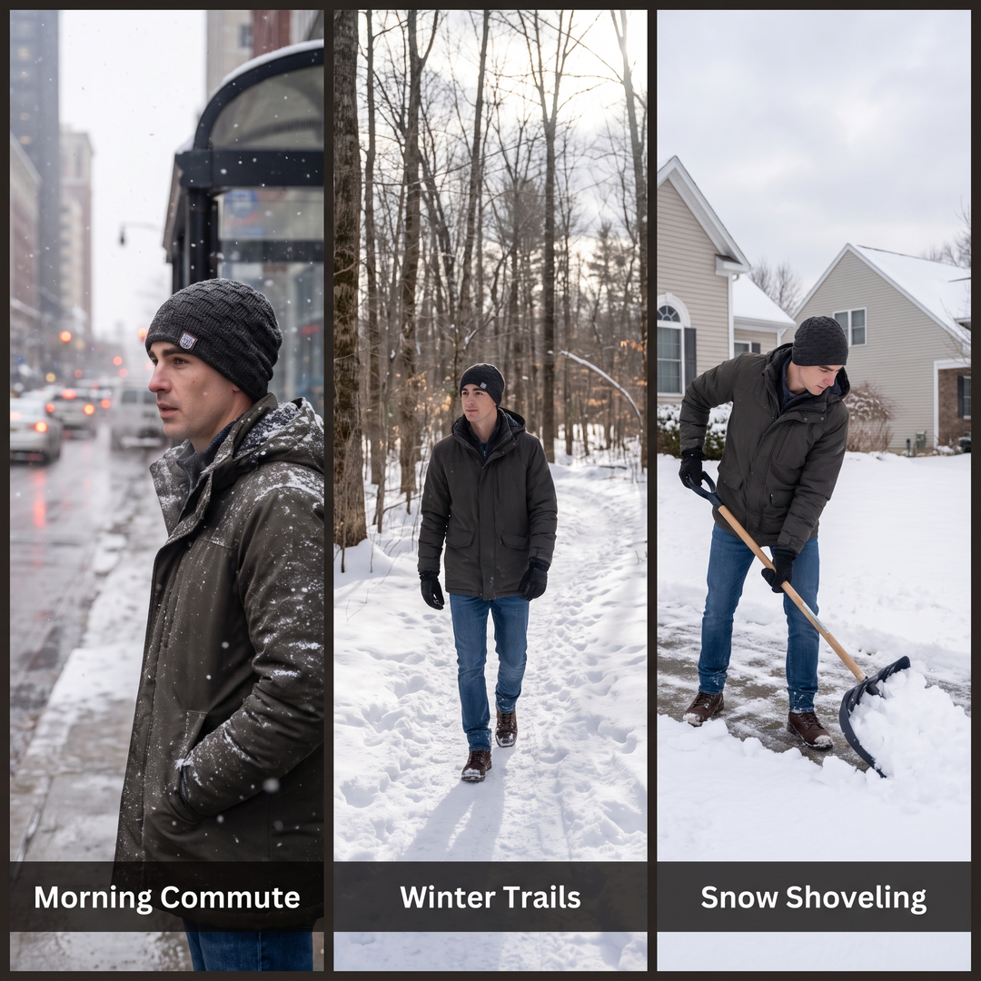 The beanie on a commute, a winter trail and while shoveling snow