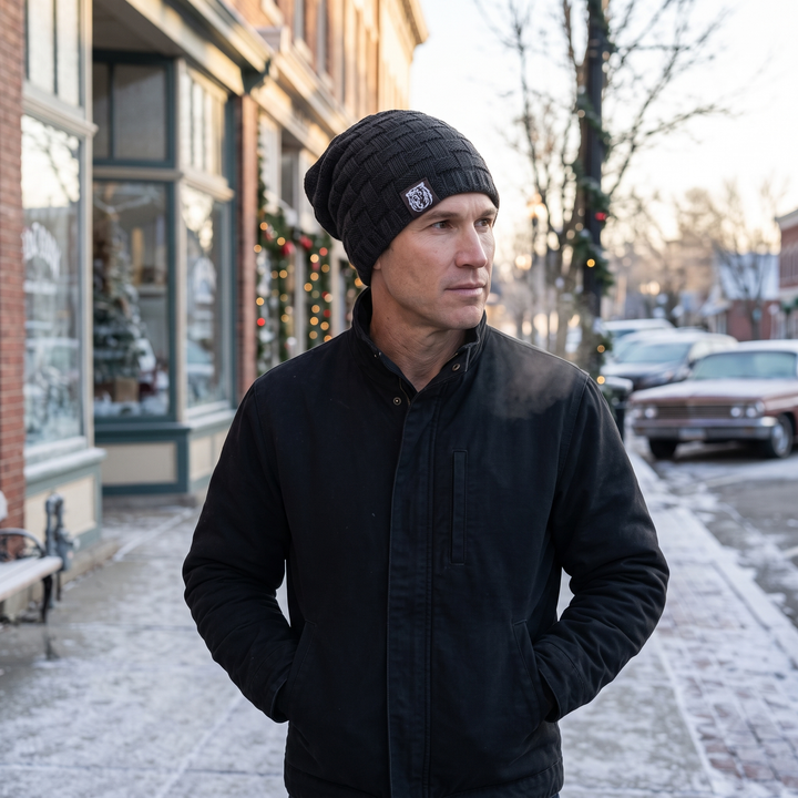 Man wearing the black slouchy beanie on a frosty small-town street