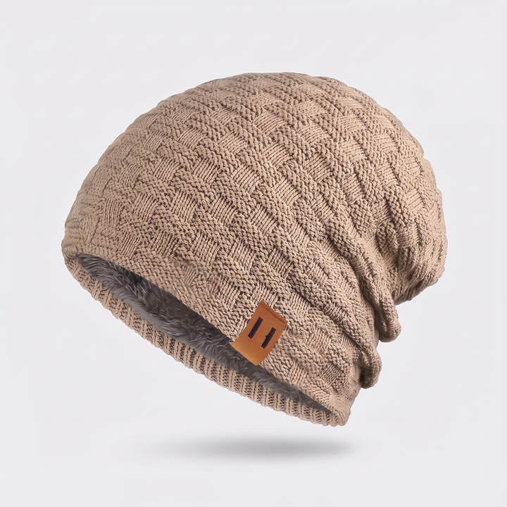 Men's fleece lined slouchy beanie in Khaki with brown tab