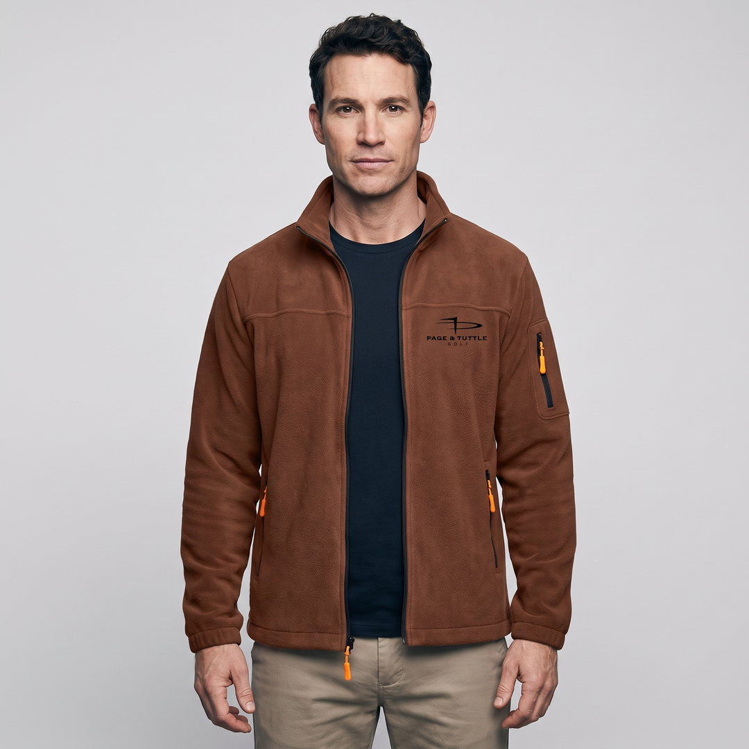 Men's fleece jacket in Rust, front view on a model