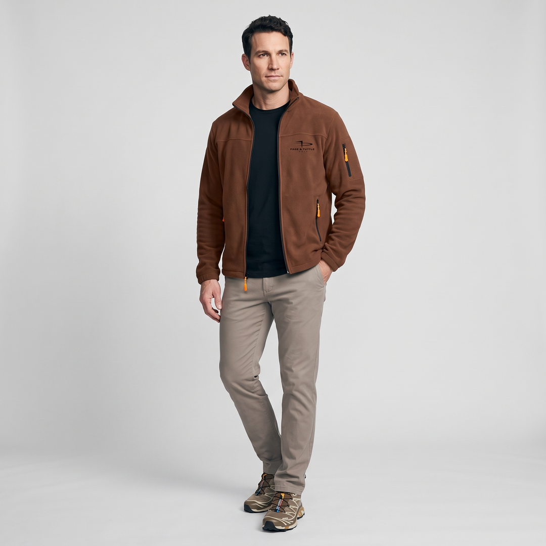 Men's full zip fleece jacket in Rust, full-length view