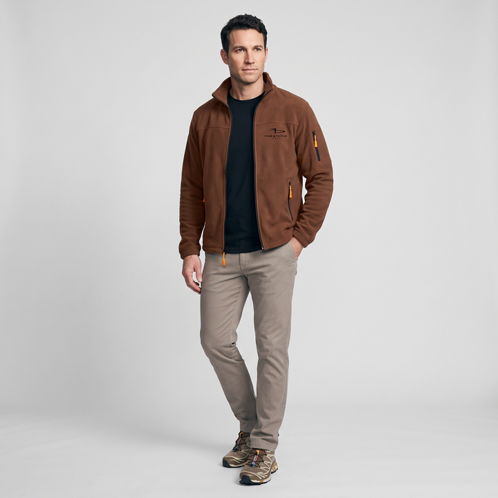 Men's full zip fleece jacket in Rust, full-length view