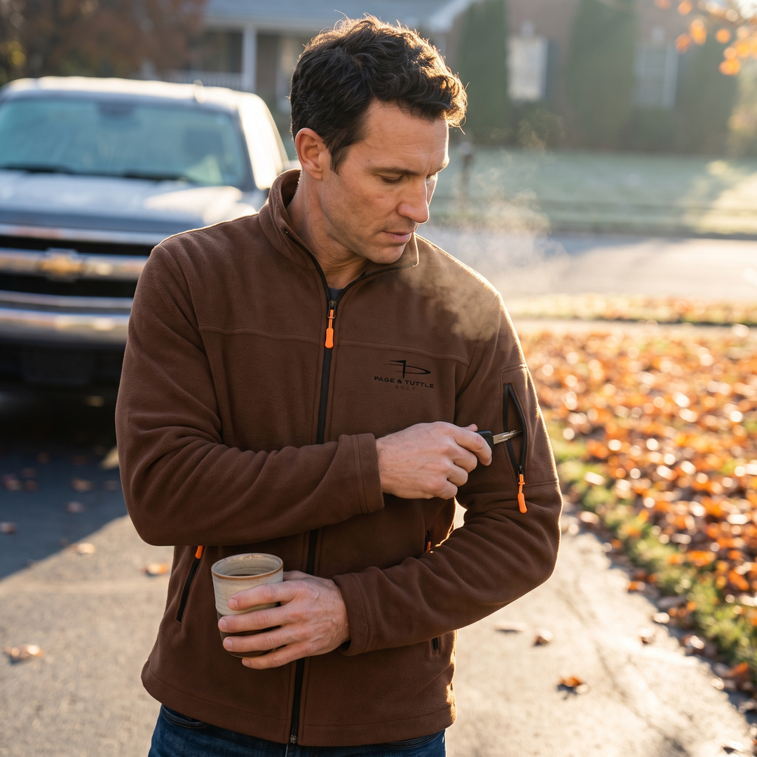 Man putting a truck key into the fleece jacket sleeve pocket