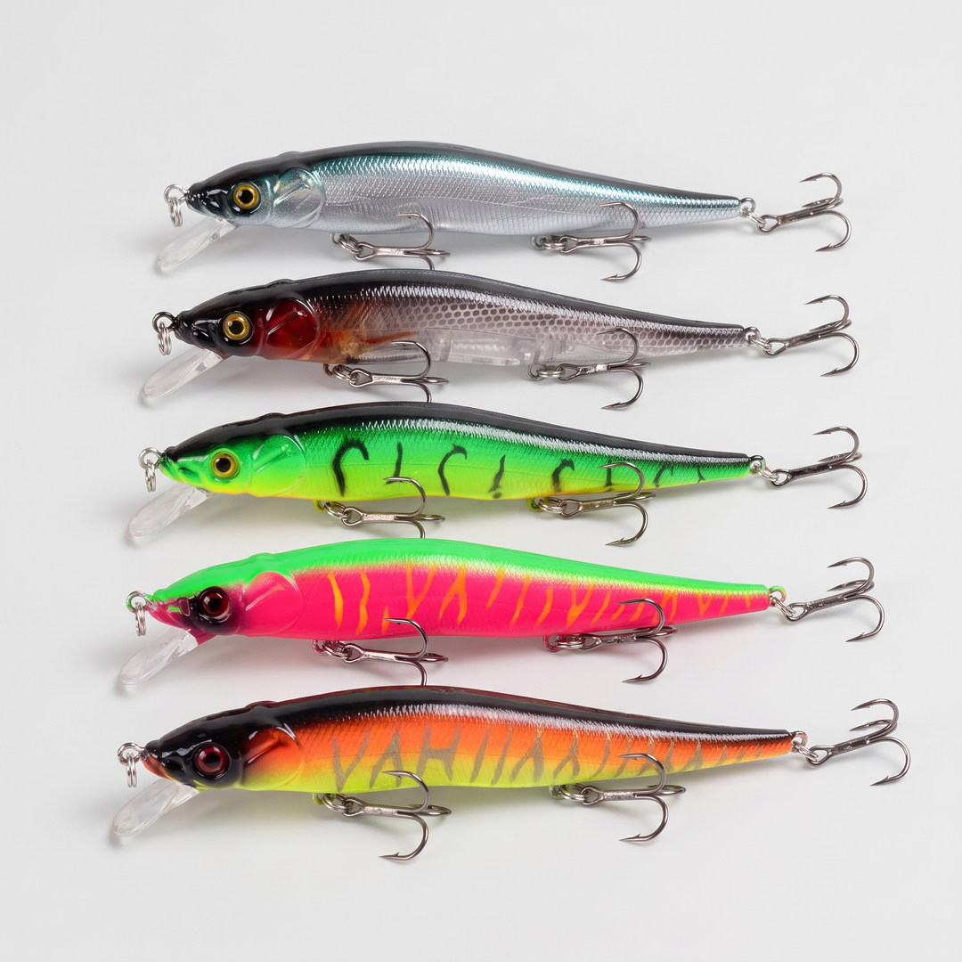 Set of 5 sinking minnow lures in Silver Blue, Midnight Shad, Chartreuse Tiger, Fire Pink and Sunset Perch