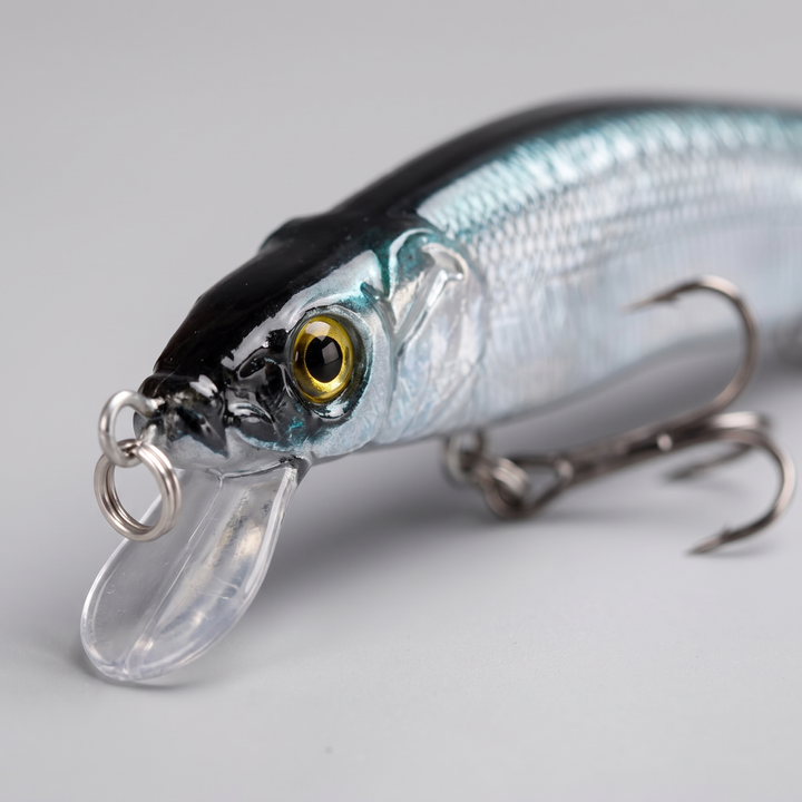 Close-up of the 3D eye, clear diving lip and split ring line tie
