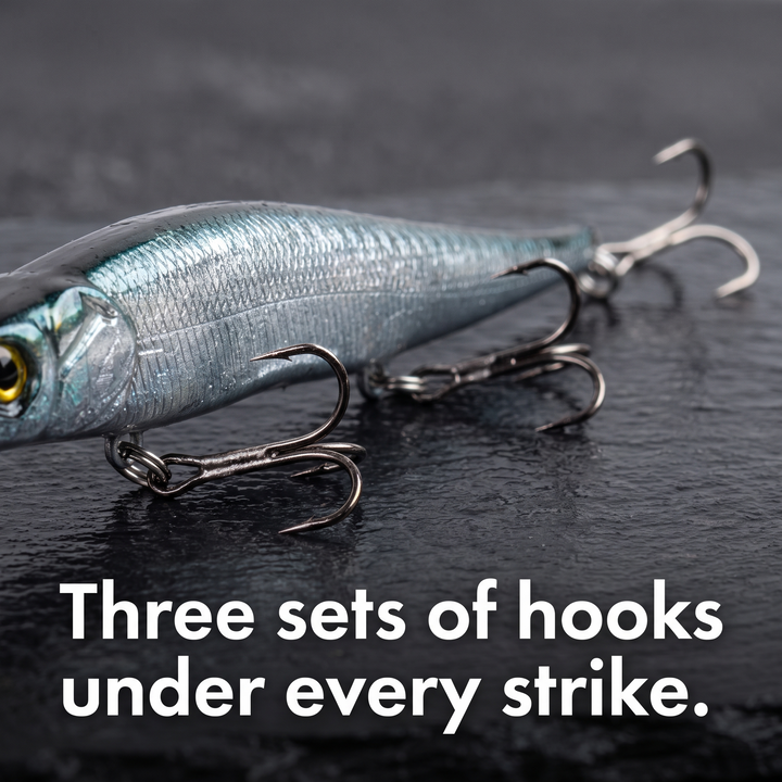Close-up of the three treble hooks on split rings under the minnow lure