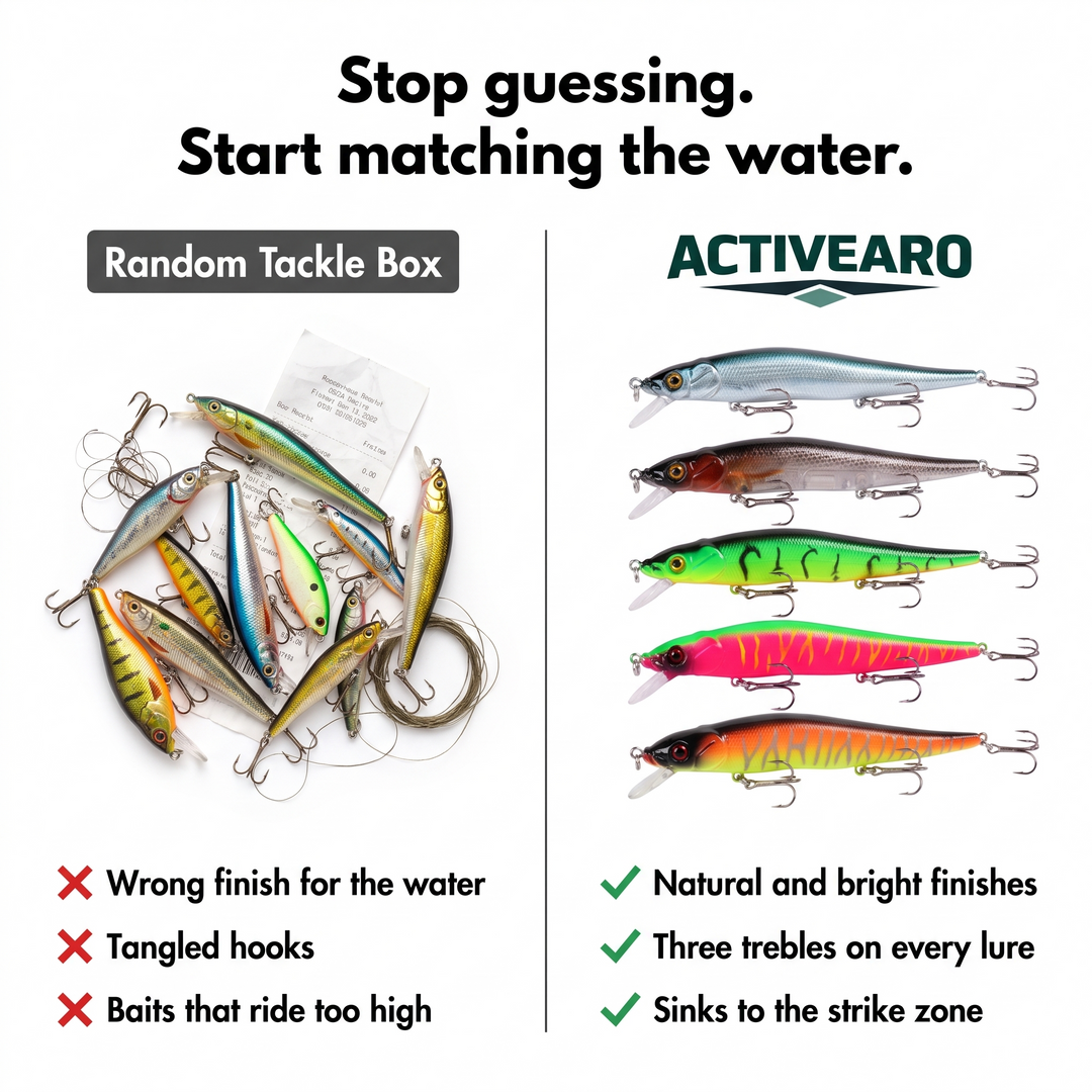 Random tackle box compared with the five Activearo sinking minnow lures