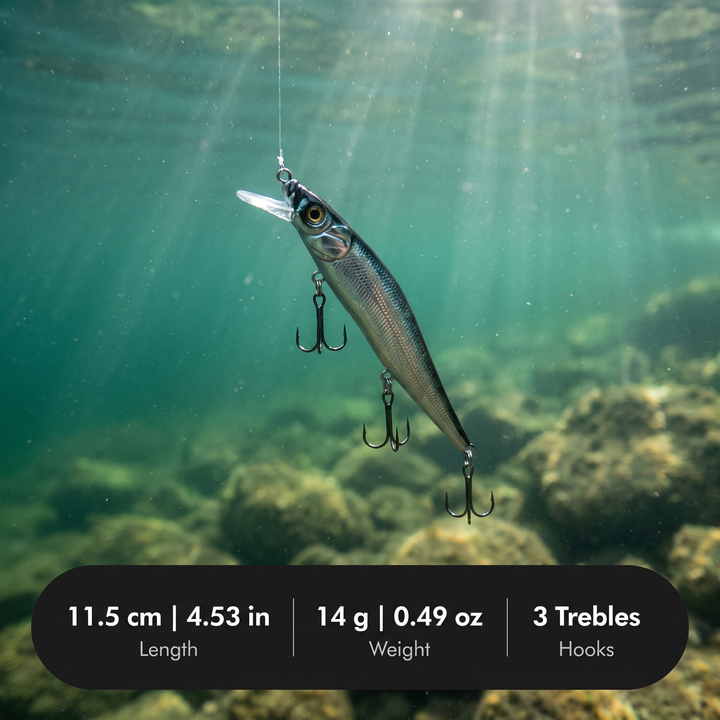 Sinking minnow lure underwater, 11.5 cm (4.53 in), 14 g (0.49 oz), three treble hooks