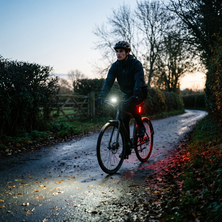 Cyclist riding a dark country lane at dusk with the front and rear bike lights on